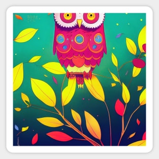 Colorful Owl on Branch Portrait Illustration - Bright Vibrant Colors Bohemian Style Feathers Psychedelic Bird Animal Rainbow Colored Art Sticker